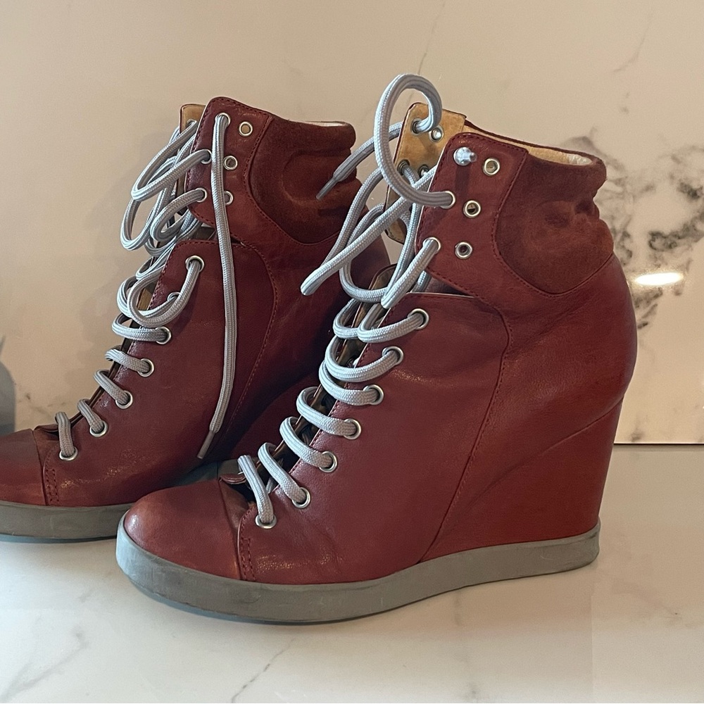 See By Chloe Burgundy Lace Up Wedge Boots